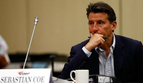 Sebastian Coe behind IAAF name badge